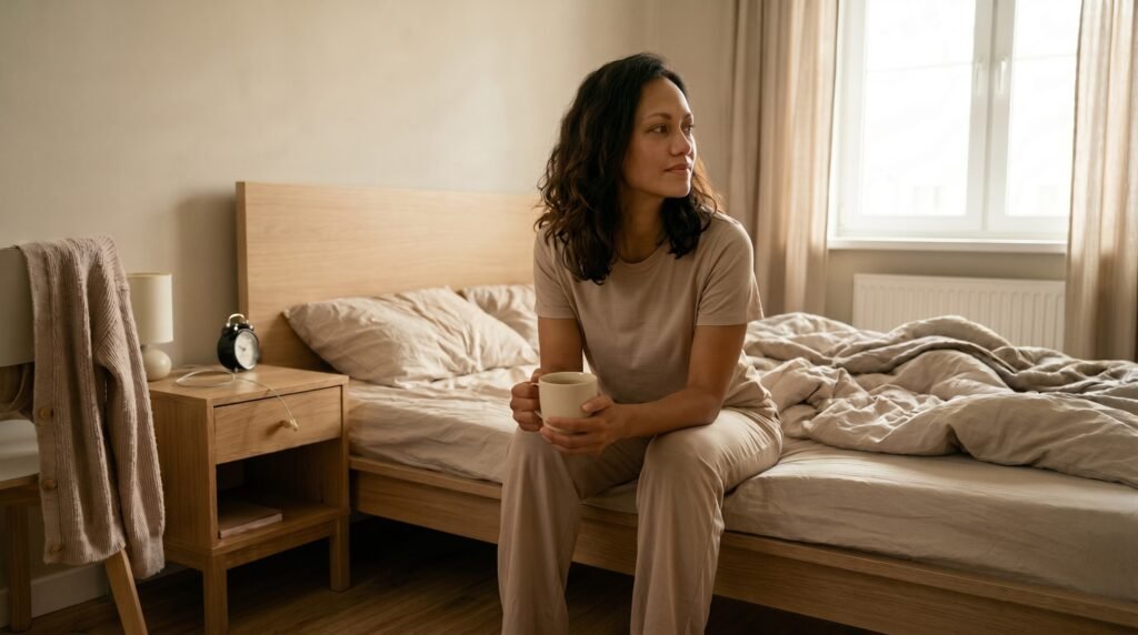Woman keeping her phone away from the bed in the morning