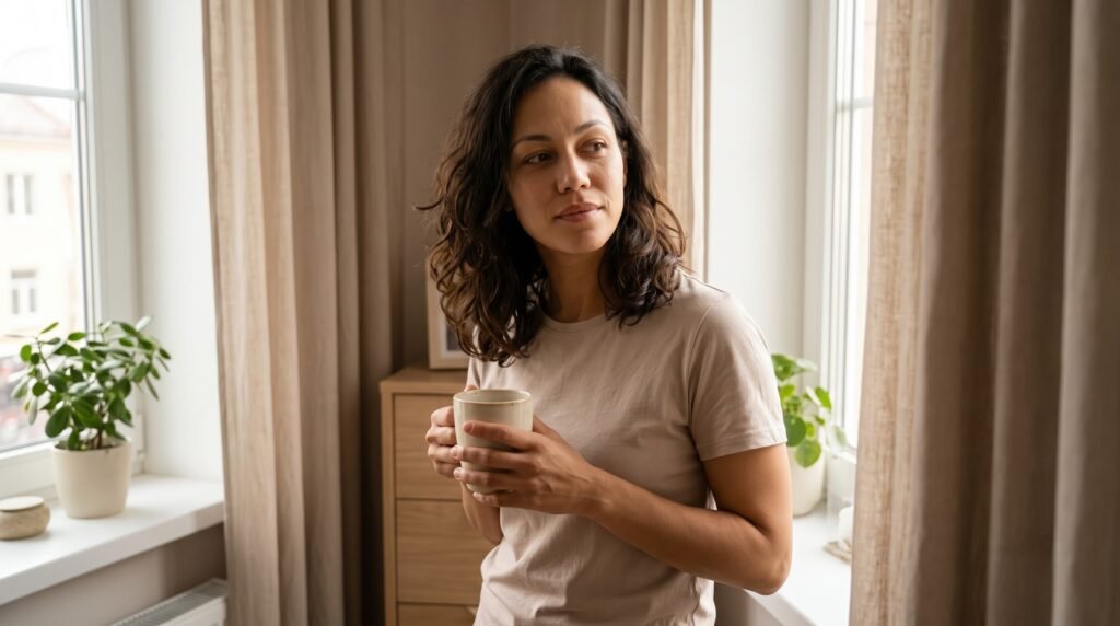 Woman enjoying a calm morning with coffee at home