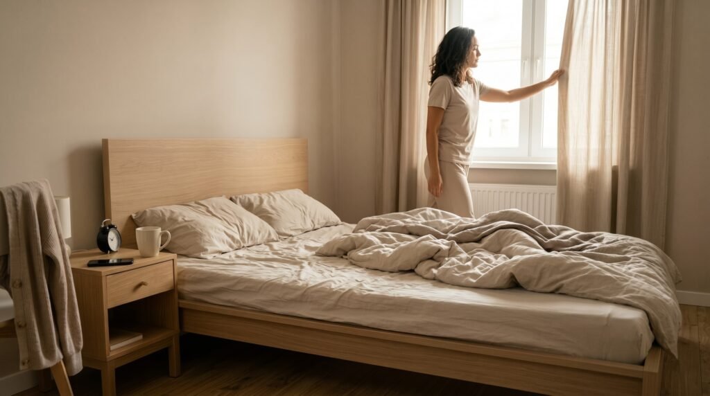 Woman opening curtains to let natural light into her bedroom